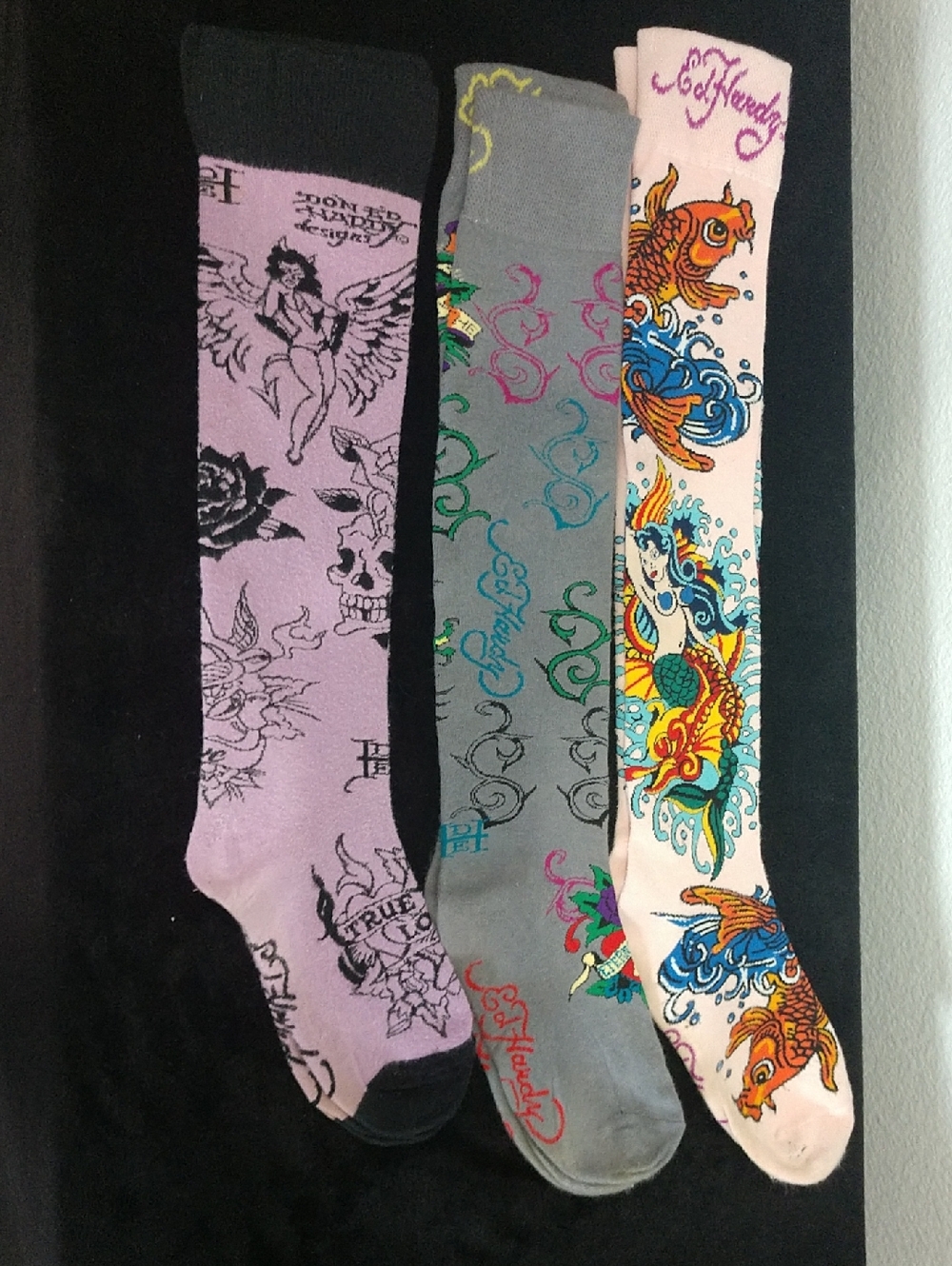 Ed Hardy Knee-High Sock Trio in Pink, Gray, Lavender